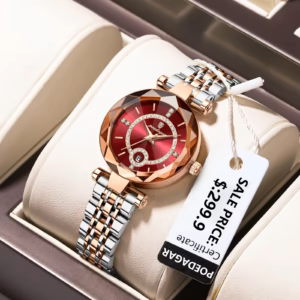POEDAGAR 726 Quartz Analog Watch with red dial and two-tone silver and rose-gold bracelet.
