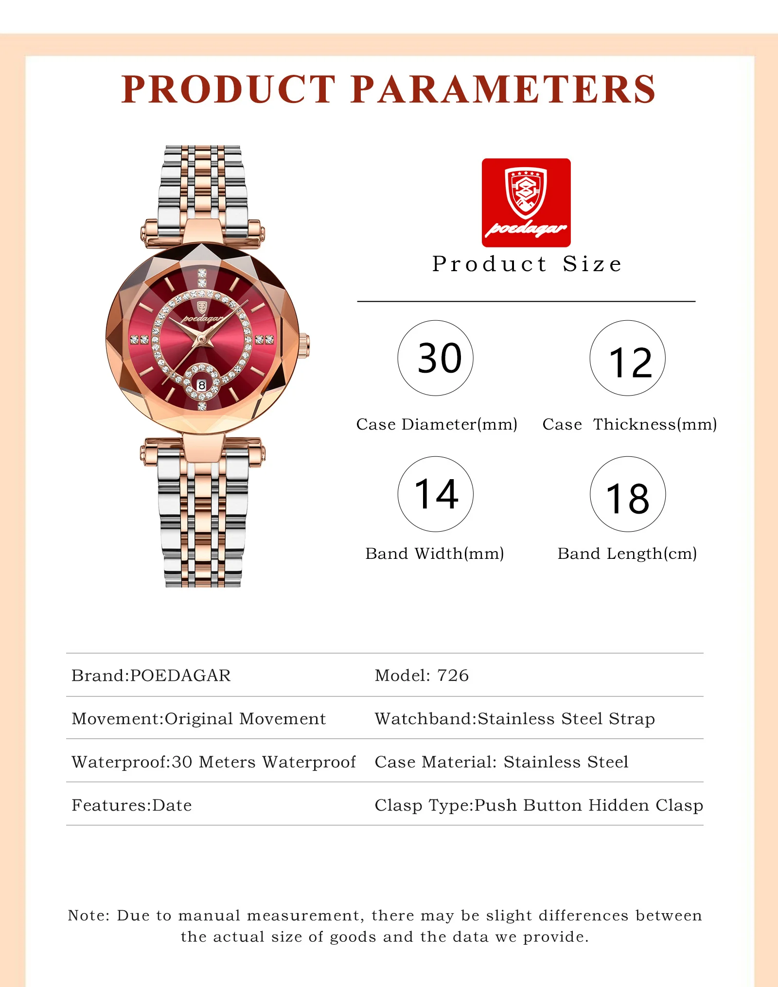 POEDAGAR 726 Quartz Analog Watch information.