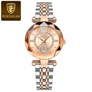POEDAGAR 726 Quartz Analog Watch in gold with crystal accents and a two-tone bracelet.