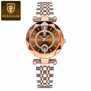 POEDAGAR 726 Quartz Analog Watch with gold brown dial and two-tone bracelet.