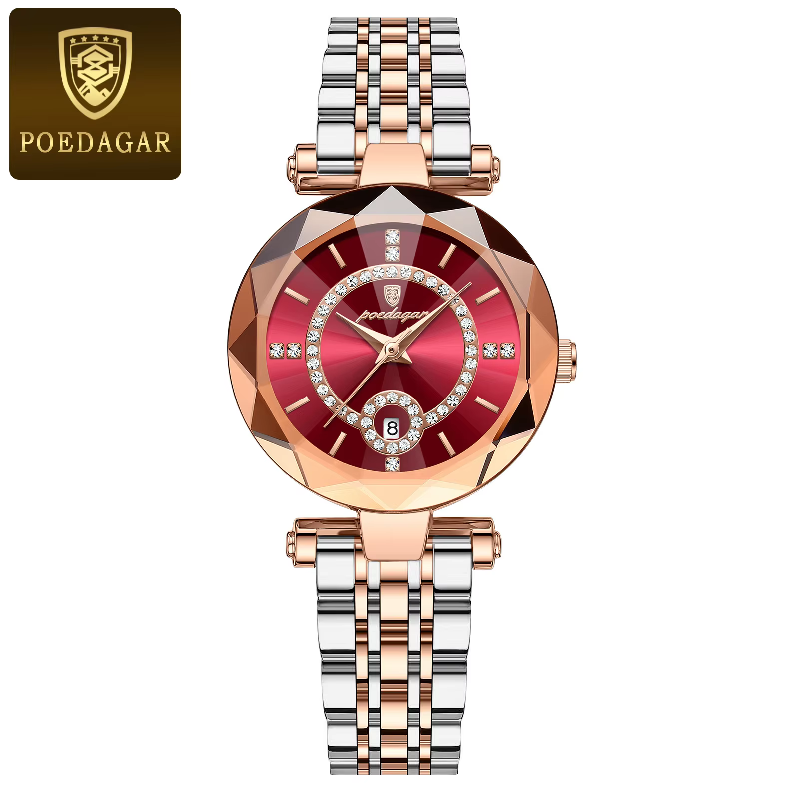 POEDAGAR 726 Quartz Analog Watch in gold red with a red dial and two-tone bracelet.