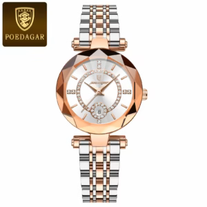 POEDAGAR 726 Quartz Analog Watch with a white dial and two-tone stainless steel bracelet.