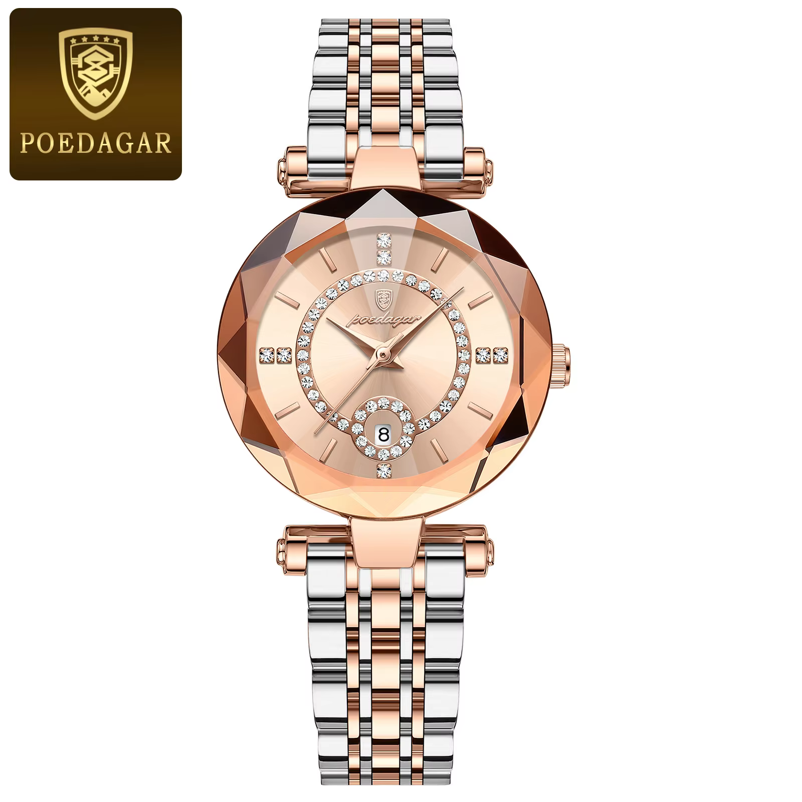 POEDAGAR 726 Quartz Analog Watch in gold with crystal accents and a two-tone bracelet.