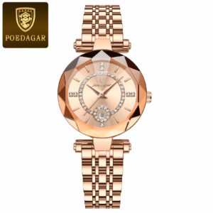 Rose gold POEDAGAR 726 Quartz Analog Watch with faceted bezel and crystal accents.