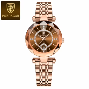 POEDAGAR 726 Quartz Analog Watch featuring a rose gold bracelet and brown dial.