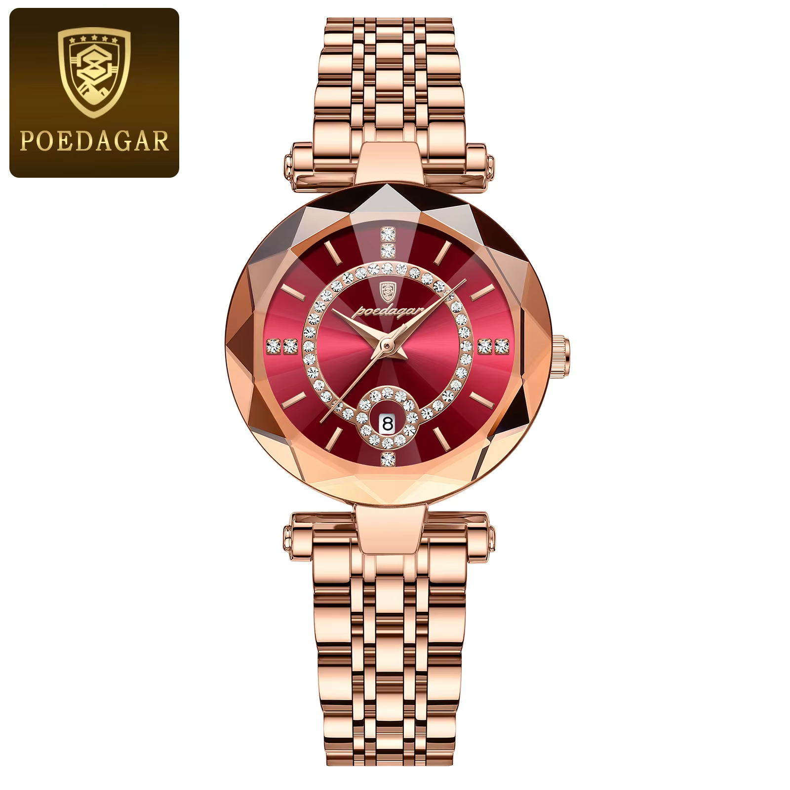 POEDAGAR 726 Quartz Analog Watch with rose gold-tone bracelet and red crystal-accented dial.