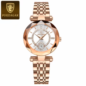 Rose gold-tone POEDAGAR 726 Quartz Analog Watch featuring a white dial and crystal accents.