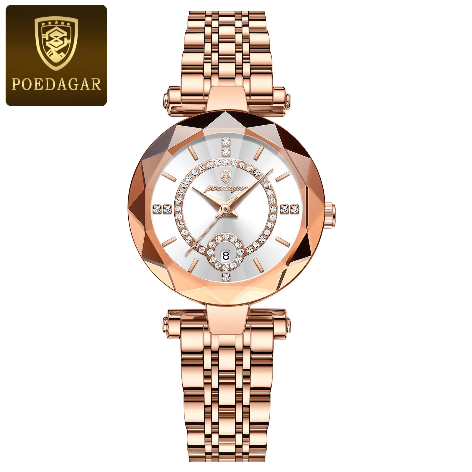 Rose gold-tone POEDAGAR 726 Quartz Analog Watch featuring a white dial and crystal accents.