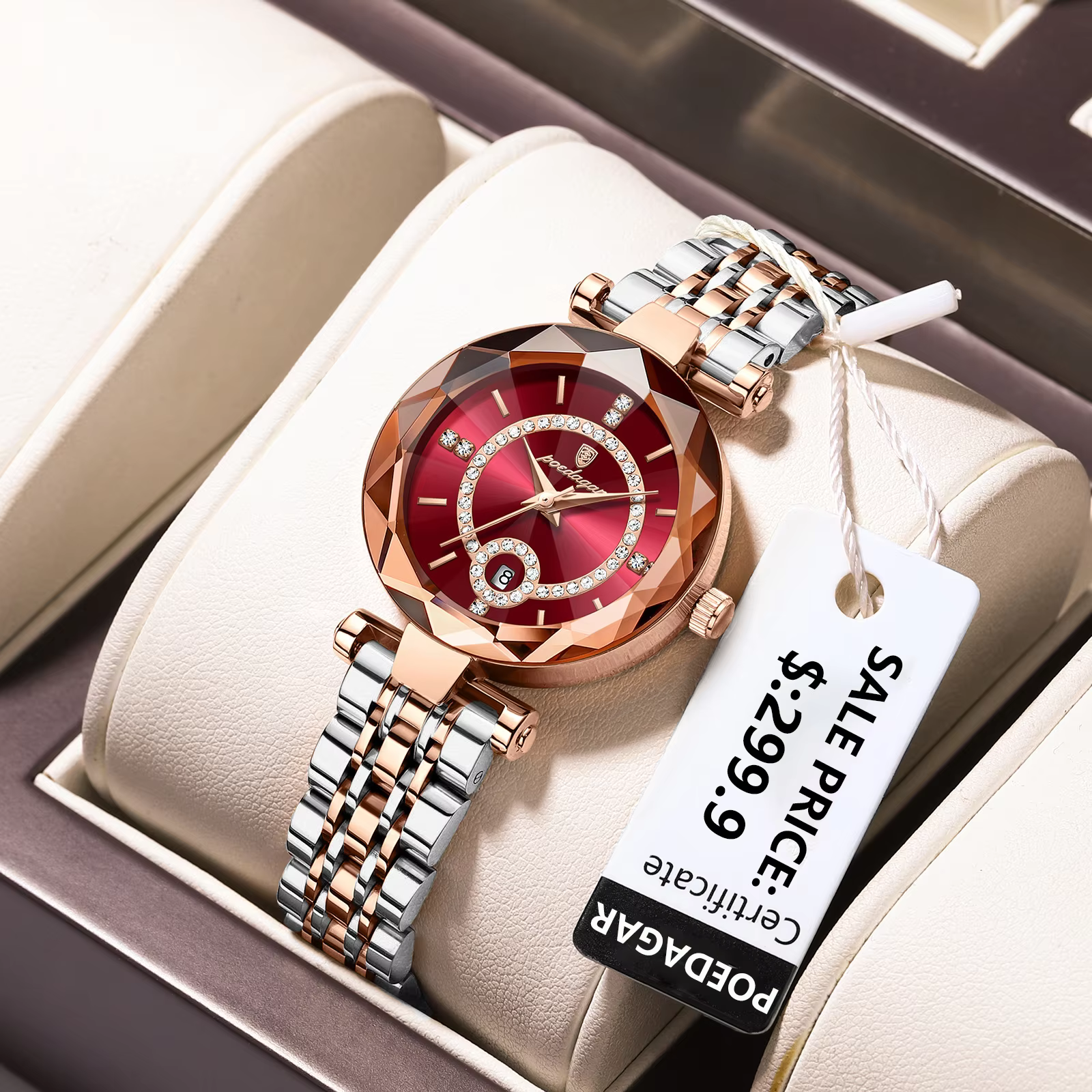 POEDAGAR 726 Quartz Analog Watch with red dial and two-tone silver and rose-gold bracelet.