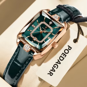 POEDAGAR 785L Quartz Analog Watch with green rectangular dial and green leather strap.