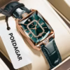 POEDAGAR 785L Quartz Analog Watch with a green rectangular dial and green leather strap.