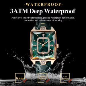 Waterproof green and rose gold POEDAGAR 785L Quartz Analog Watch surrounded by water splashes.