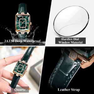 POEDAGAR 785L Quartz Analog Watch feature gallery showing the green dial and leather strap.