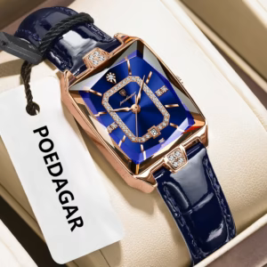 POEDAGAR 785L Quartz Analog Watch in Rose Gold Blue with a blue leather strap.