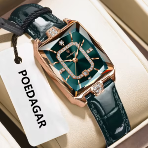 Rose gold and green POEDAGAR 785L Quartz Analog Watch with a leather strap.