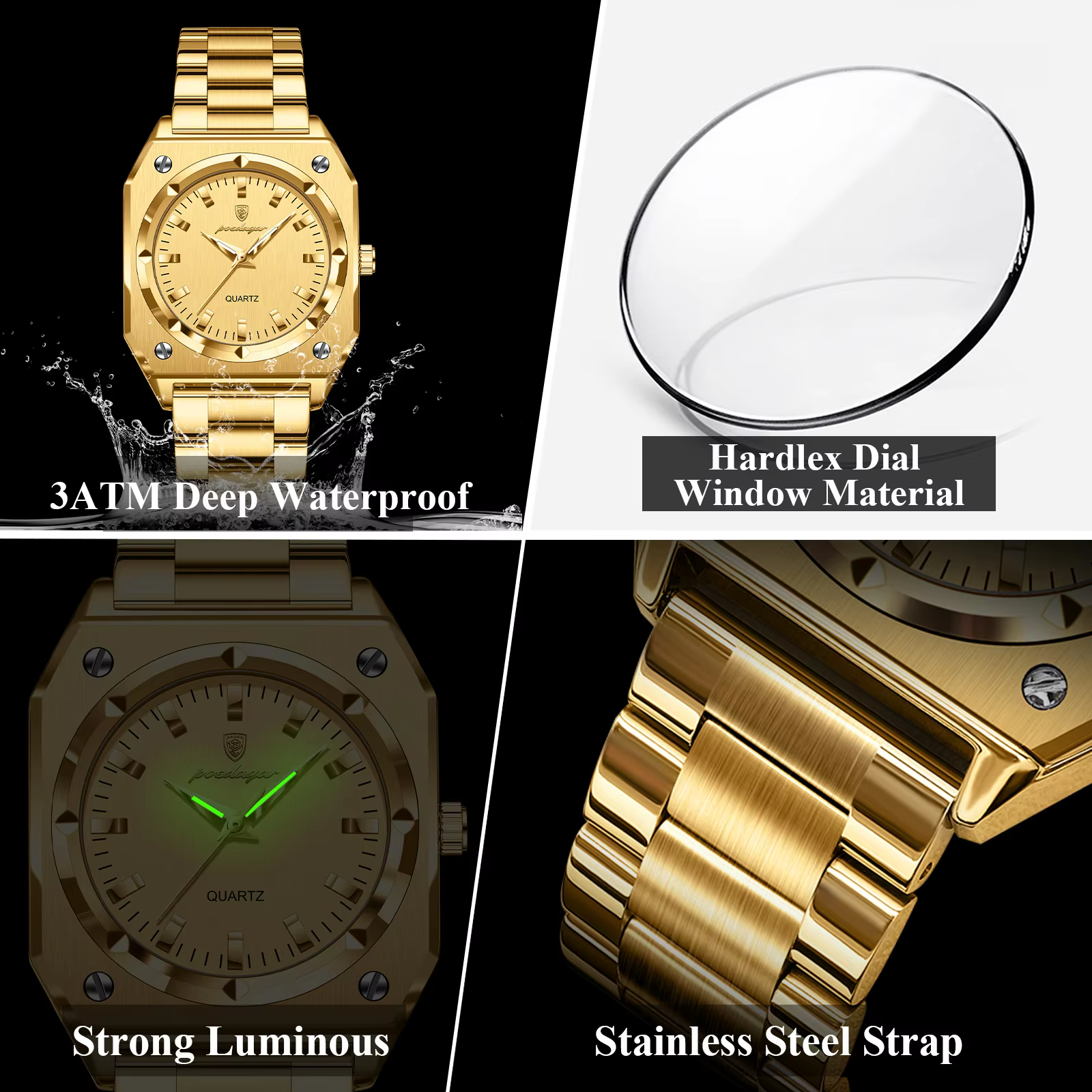 Gold POEDAGAR 788 Quartz Analog Watch gallery highlighting waterproof, luminous, and stainless steel features.