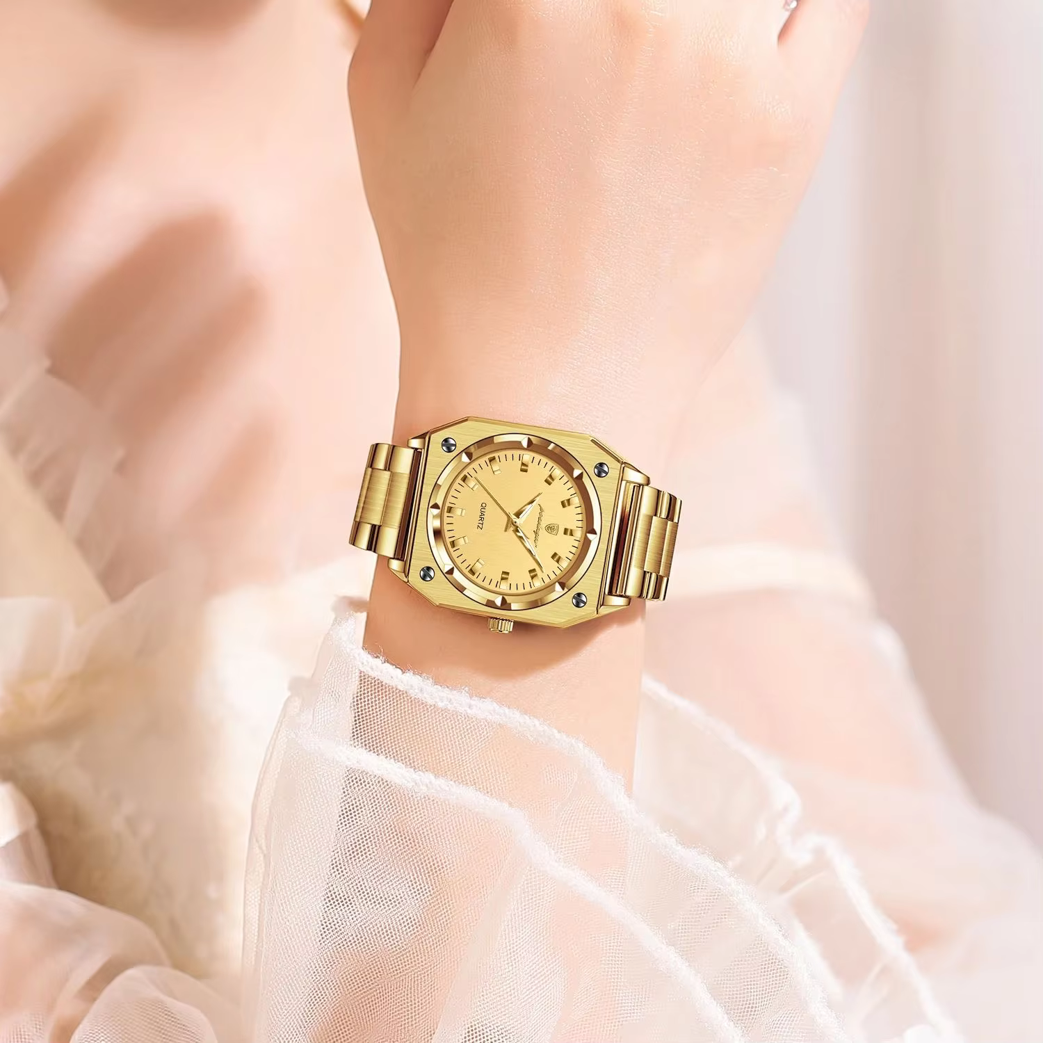 Person wearing a gold POEDAGAR 788 Quartz Analog Watch.