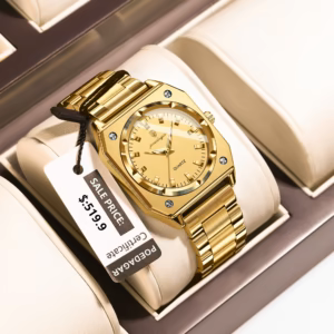 Gold POEDAGAR 788 Quartz Analog Watch with a faceted bezel and link bracelet.