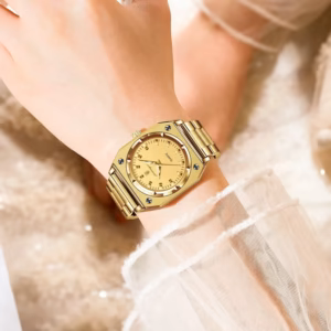 Gold POEDAGAR 788 Quartz Analog Watch with faceted bezel worn on a wrist.