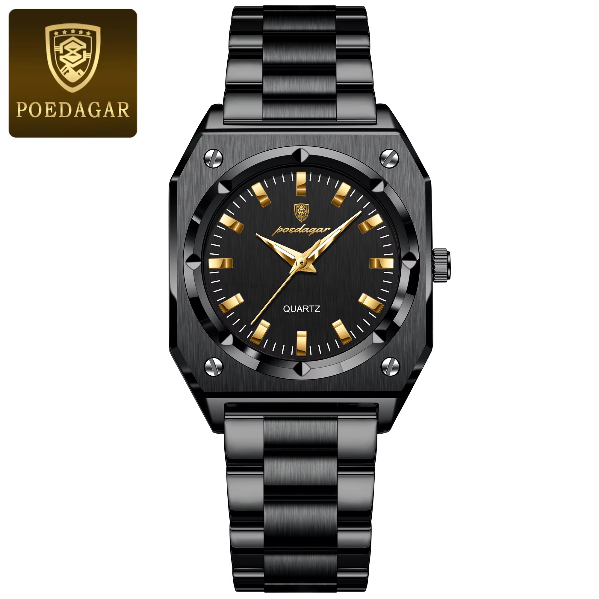 Black POEDAGAR 788 Quartz Analog Watch with gold hour markers and a link bracelet.