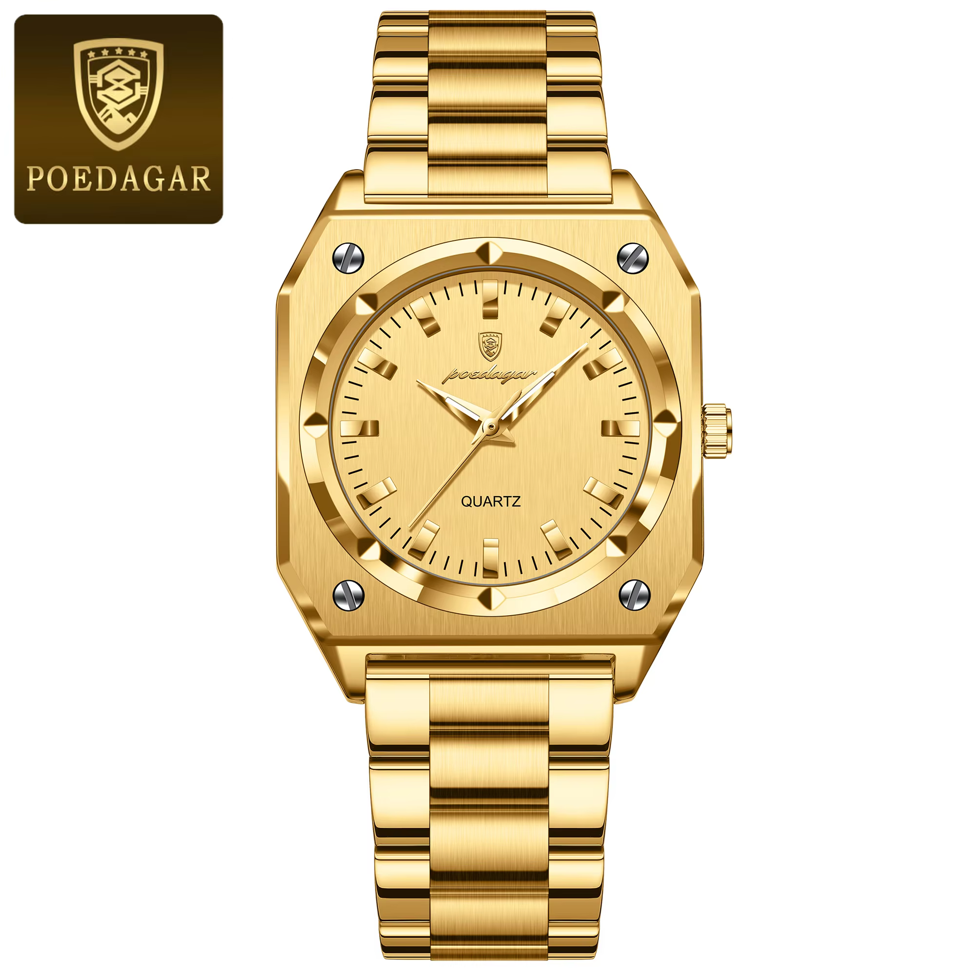 Gold POEDAGAR 788 Quartz Analog Watch with a faceted bezel and link bracelet.