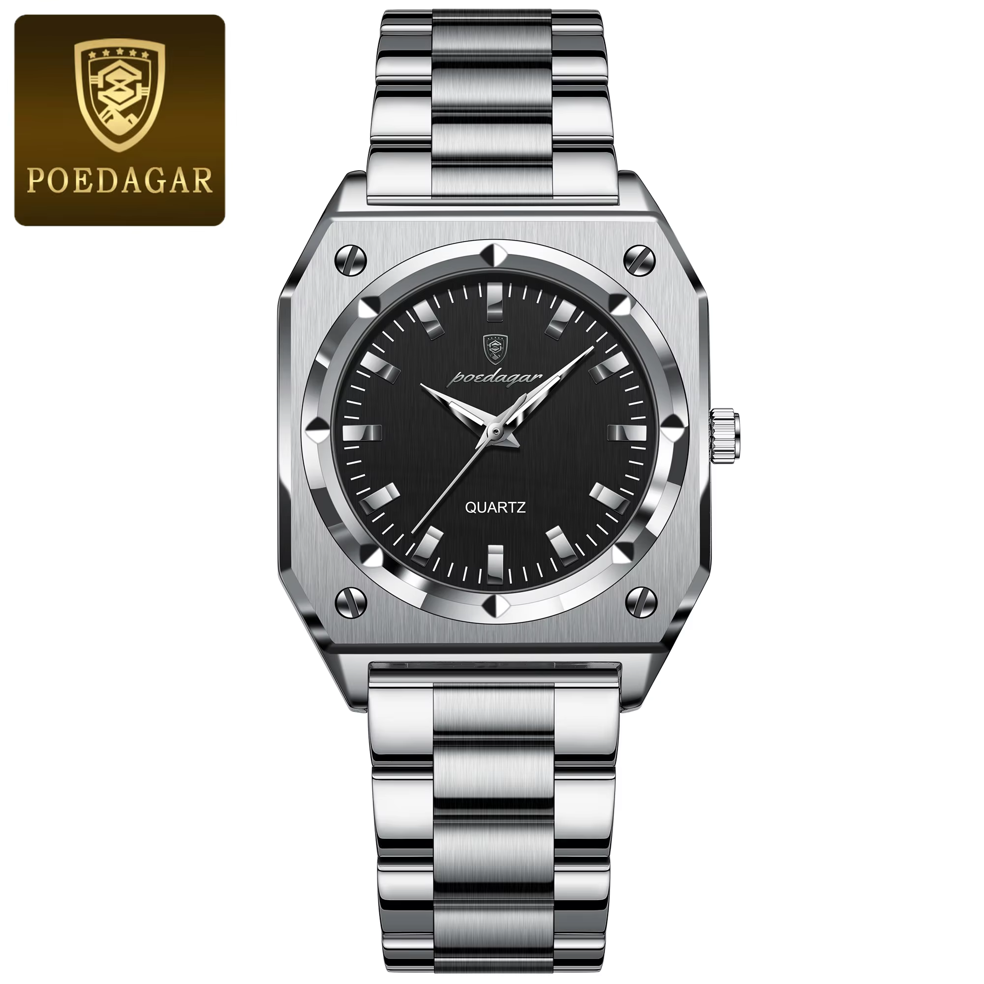 Silver POEDAGAR 788 Quartz Analog Watch with a black dial and stainless steel bracelet.