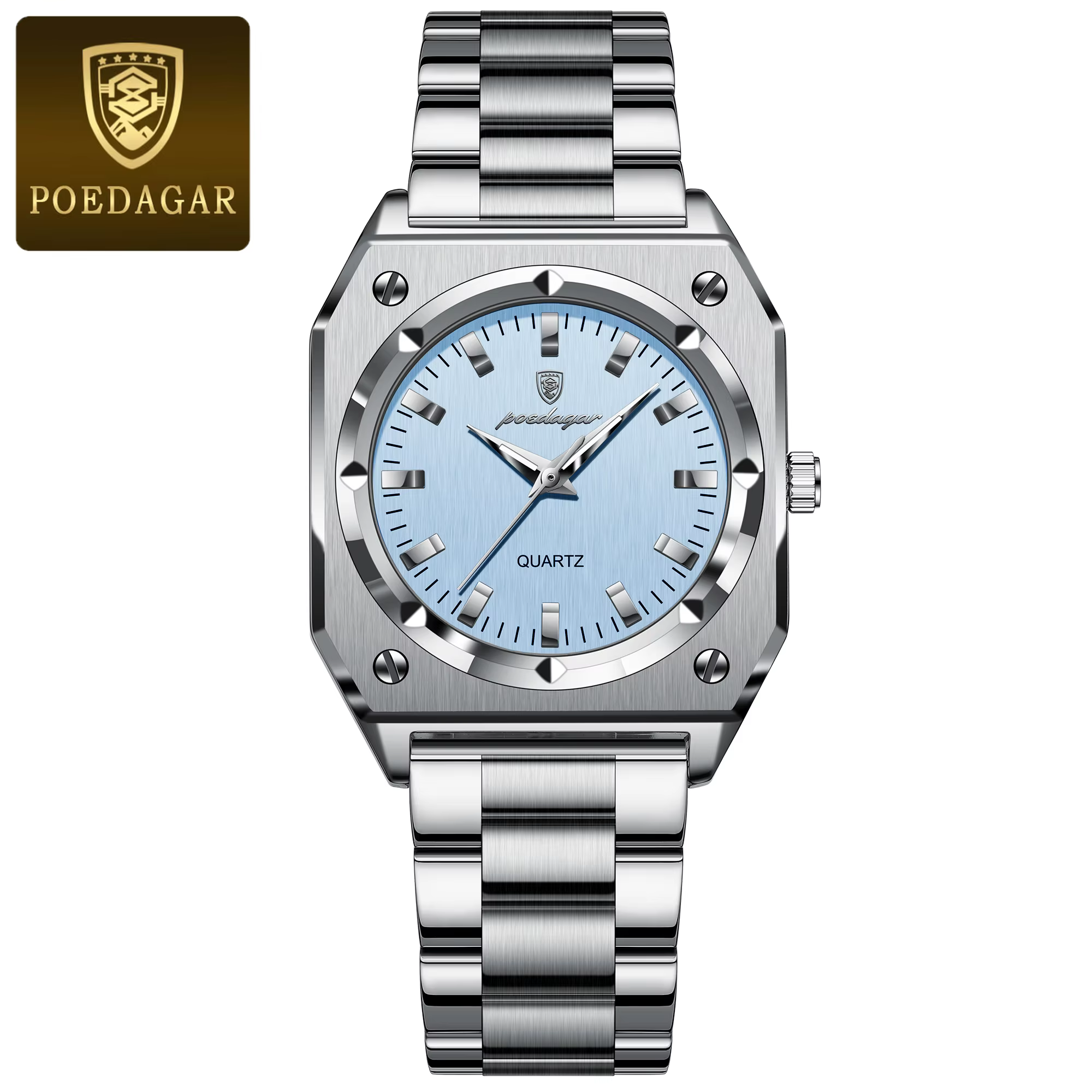 POEDAGAR 788 Quartz Analog Watch in silver blue with a stainless steel bracelet.