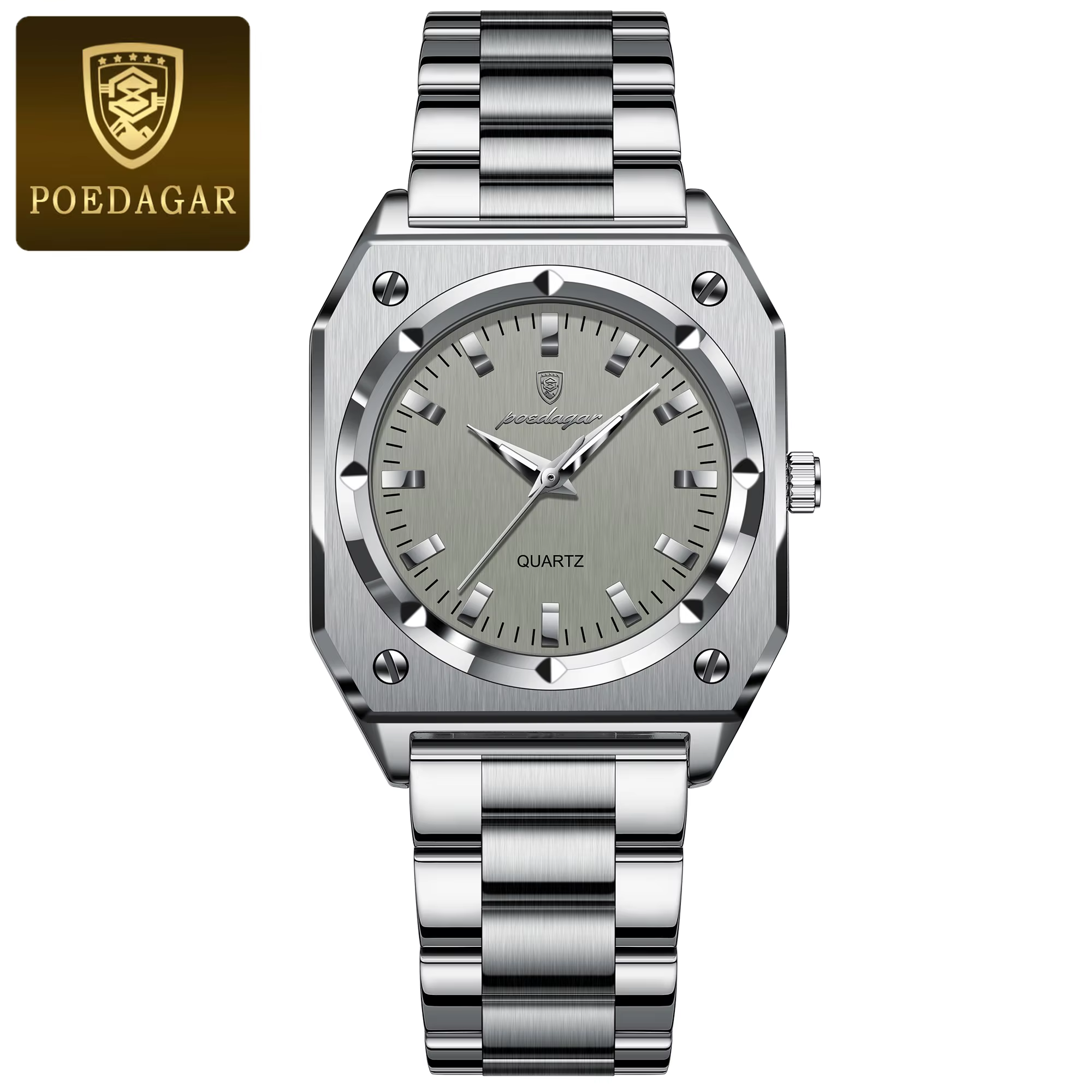 Silver Gray POEDAGAR 788 Quartz Analog Watch with a stainless steel bracelet.