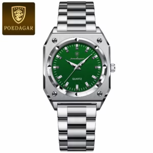 POEDAGAR 788 Quartz Analog Watch in Silver Green with a stainless steel link bracelet.