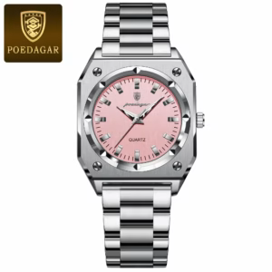 Silver Pink POEDAGAR 788 Quartz Analog Watch with a faceted bezel and link bracelet.