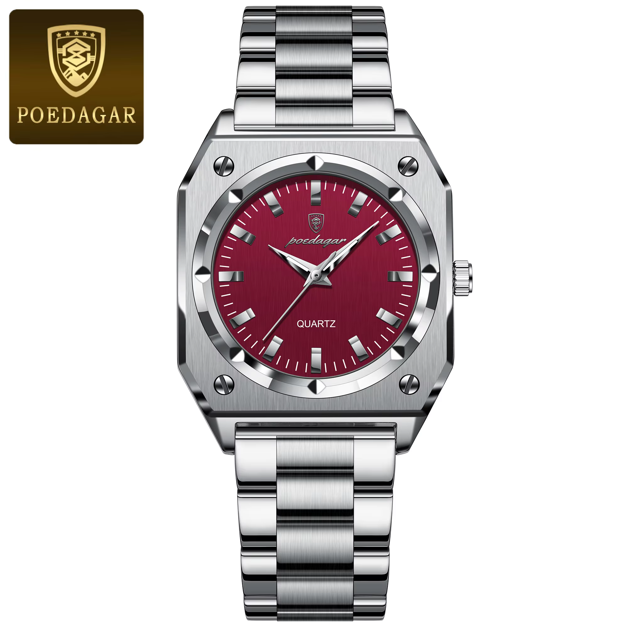 POEDAGAR 788 Quartz Analog Watch in silver with a red dial.