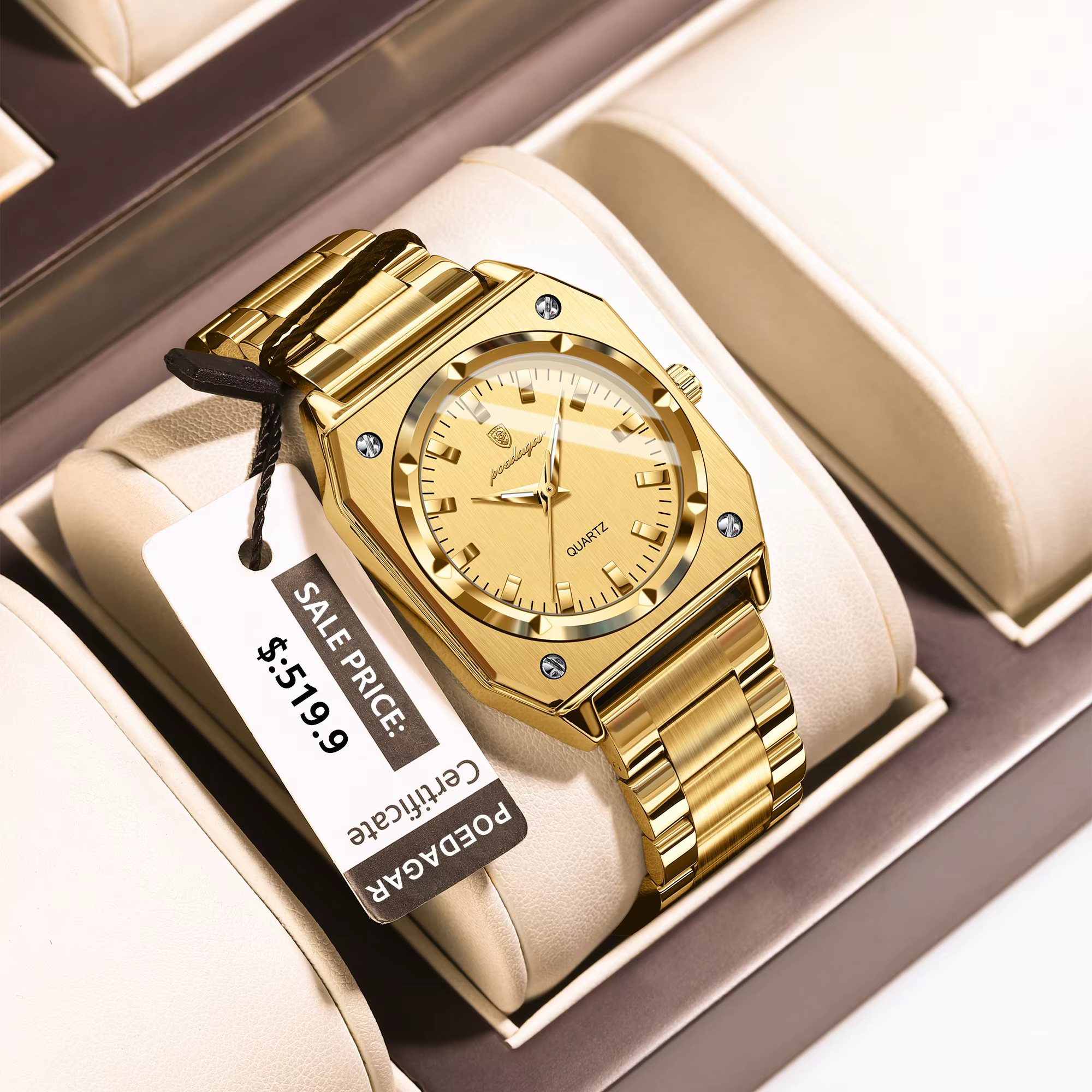 Gold POEDAGAR 788 Quartz Analog Watch with a faceted bezel and link bracelet.