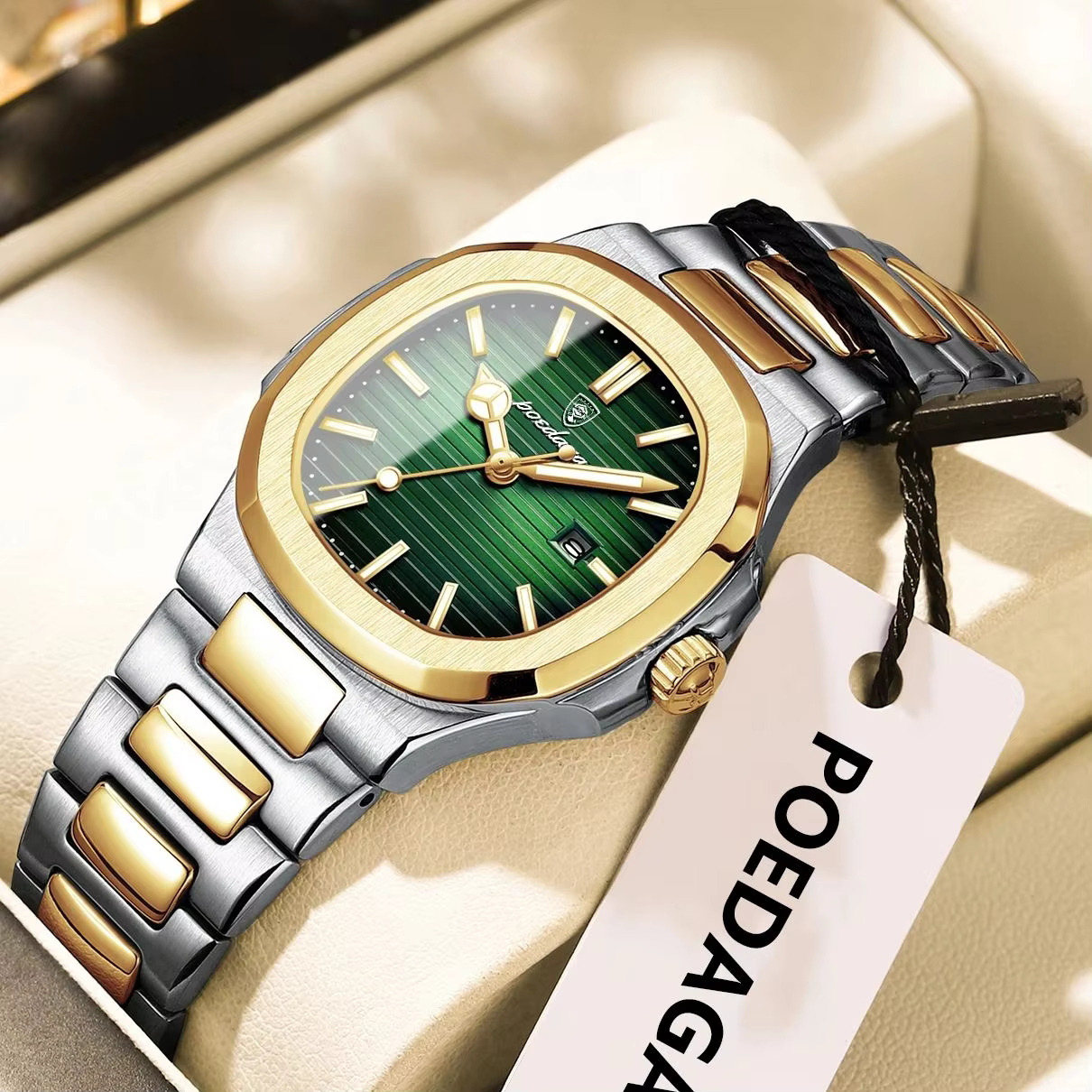POEDAGAR 789 Quartz Analog Watch with a green dial and two-tone stainless steel bracelet.