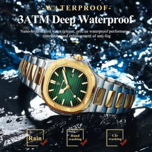 POEDAGAR 789 Quartz Analog Watch with a green dial highlighting 3ATM waterproof performance in splashing water.