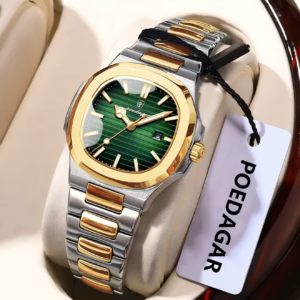 POEDAGAR 789 Quartz Analog Watch with green dial and silver-tone and gold-tone bracelet.