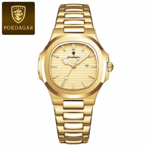 Gold POEDAGAR 789 Quartz Analog Watch with a gold-tone dial and matching link bracelet.