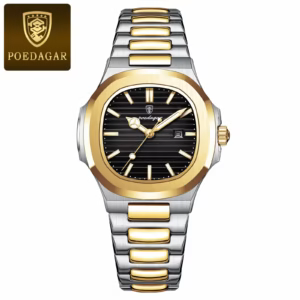 POEDAGAR 789 Quartz Analog Watch with a black dial, gold bezel, and two-tone bracelet.