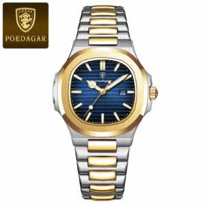 Gold Blue POEDAGAR 789 Quartz Analog Watch with a blue dial and two-tone bracelet.