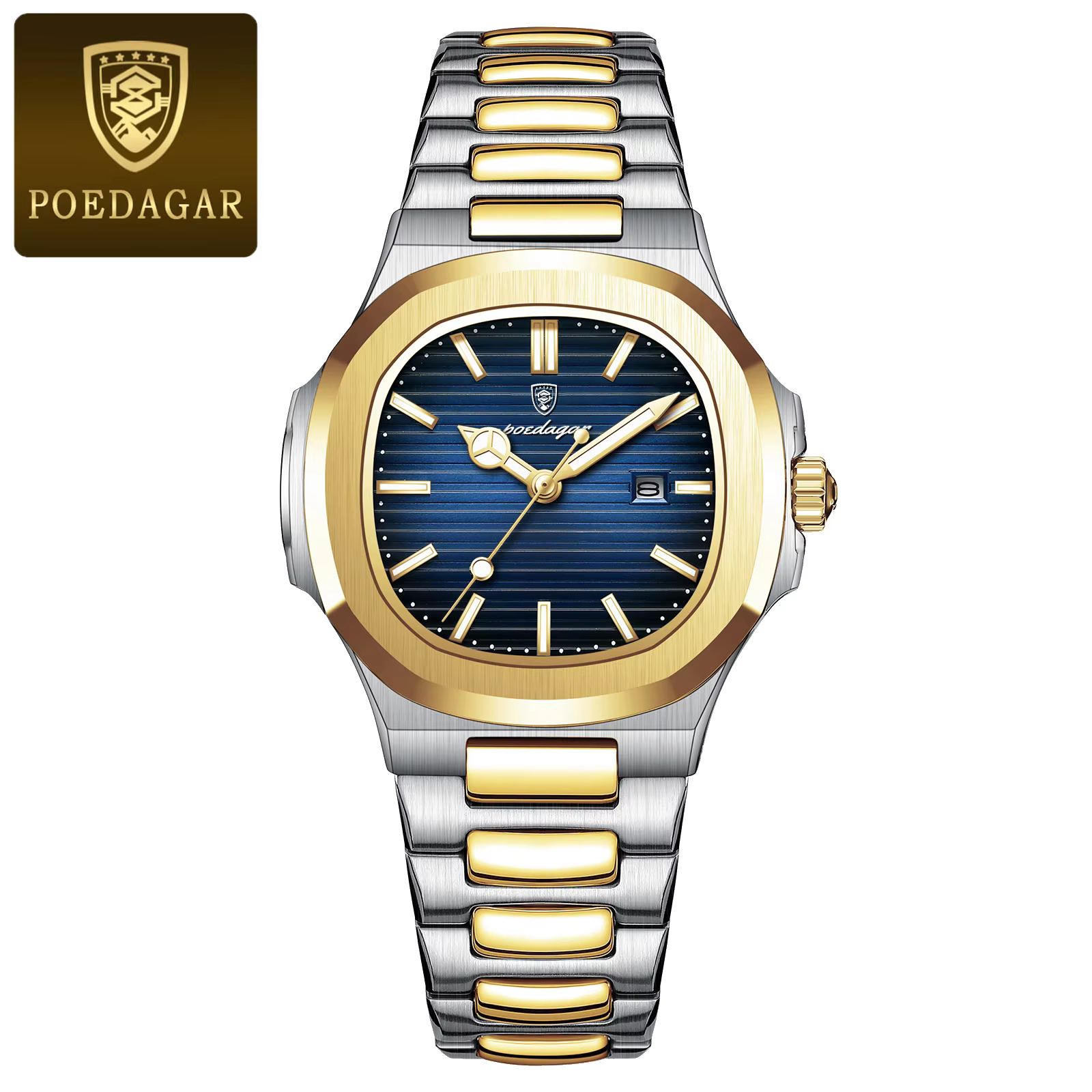 Gold Blue POEDAGAR 789 Quartz Analog Watch with a blue dial and two-tone bracelet.