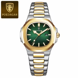 POEDAGAR 789 Quartz Analog Watch with green dial and silver and gold-tone bracelet.