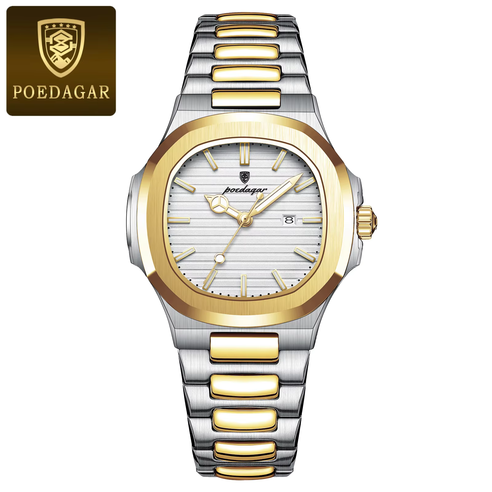 POEDAGAR 789 Quartz Analog Watch in gold and white with a two-tone stainless steel bracelet.