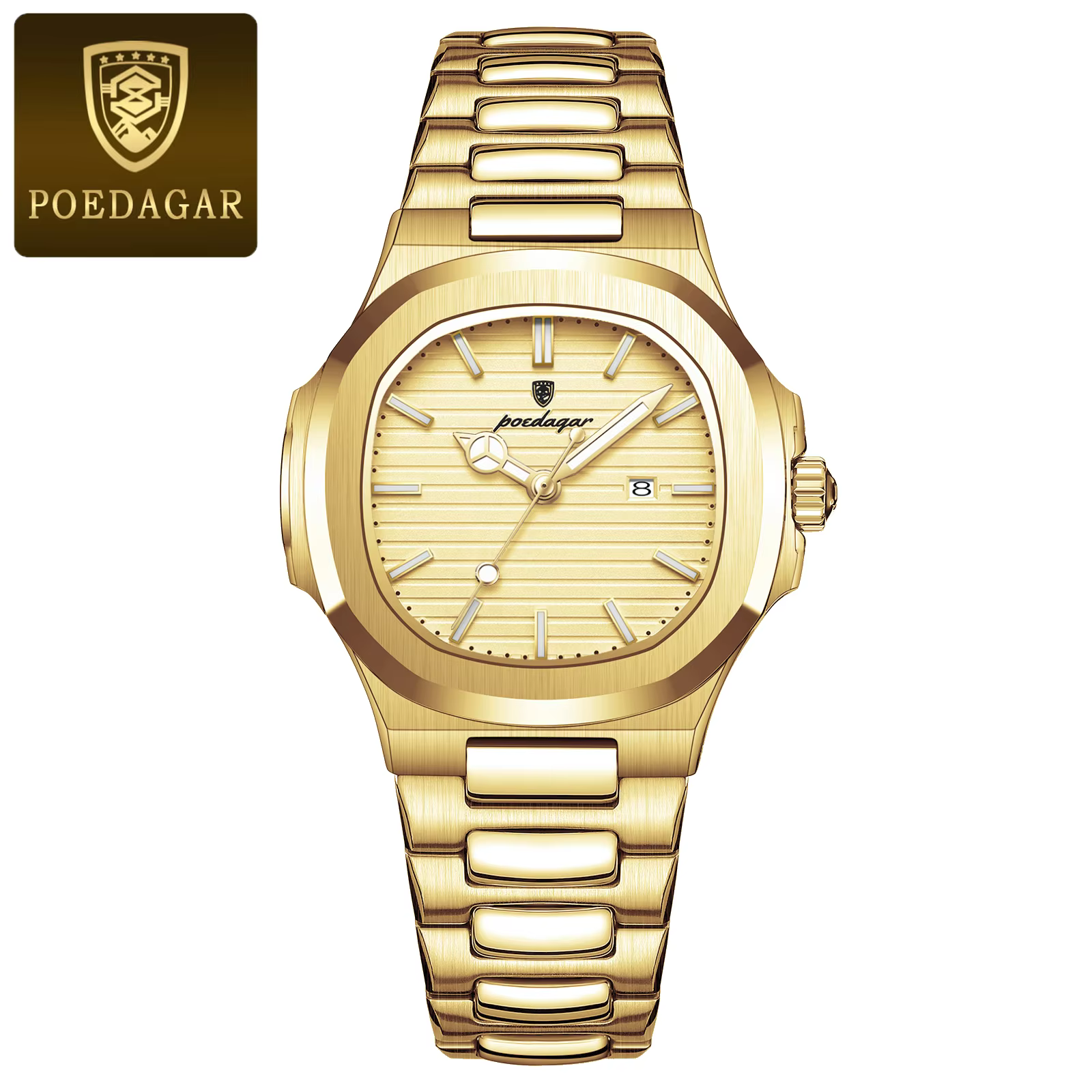 Gold POEDAGAR 789 Quartz Analog Watch with a gold-tone dial and matching link bracelet.