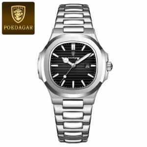 POEDAGAR 789 Quartz Analog Watch with a black dial and silver-tone stainless steel bracelet.