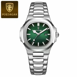 Silver green POEDAGAR 789 Quartz Analog Watch with a stainless steel link bracelet.