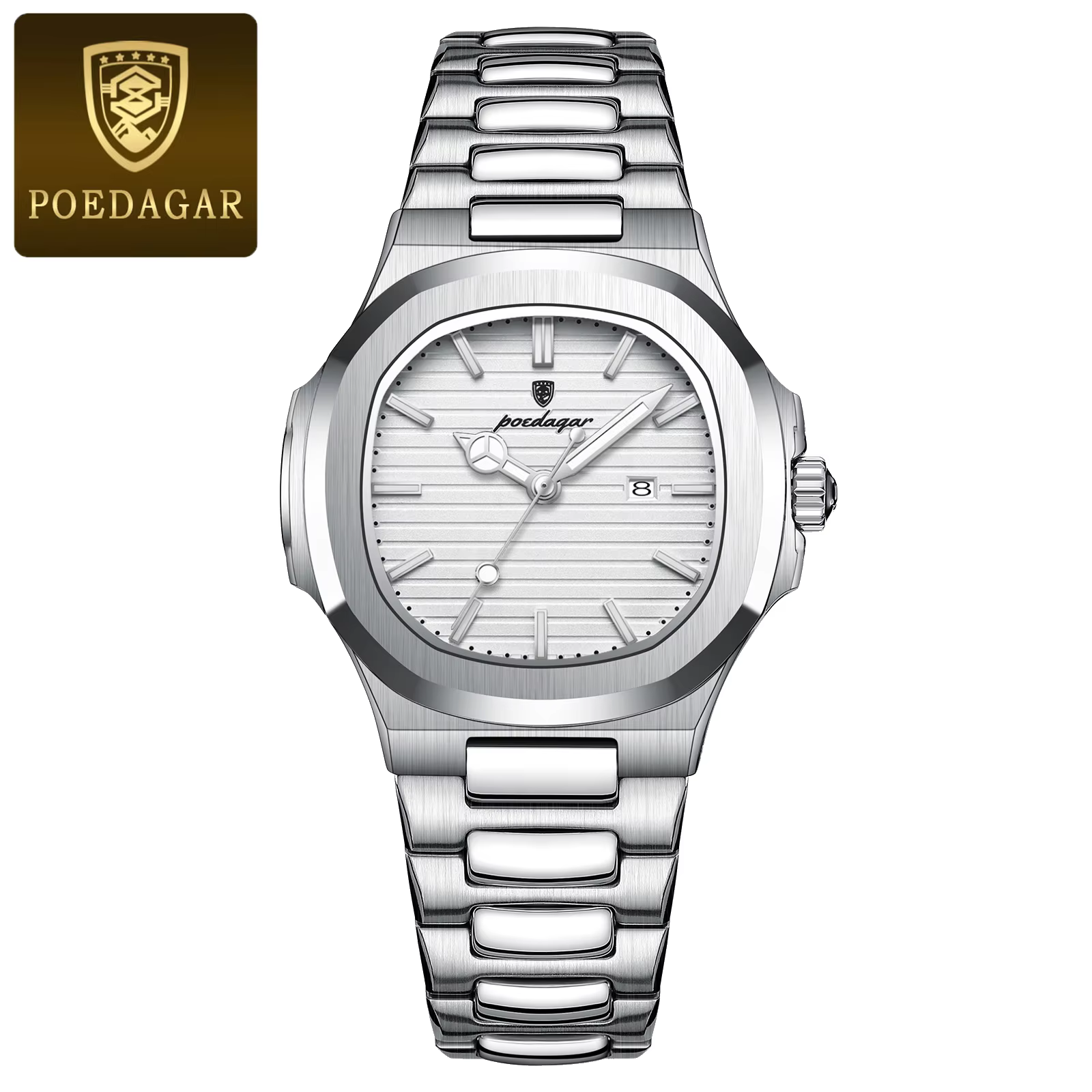Silver POEDAGAR 789 Quartz Analog Watch with a white dial and stainless steel bracelet.