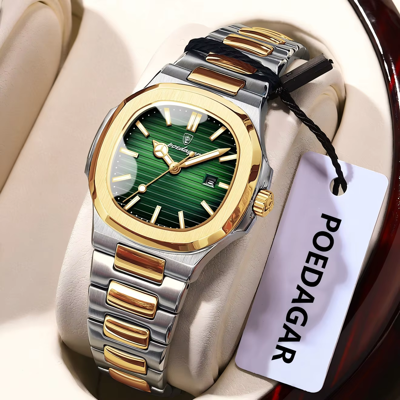 POEDAGAR 789 Quartz Analog Watch with green dial and silver-tone and gold-tone bracelet.