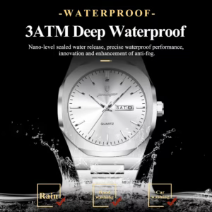 Silver POEDAGAR 825 Quartz Analog Watch splashing in water, showing the 3ATM waterproof feature.
