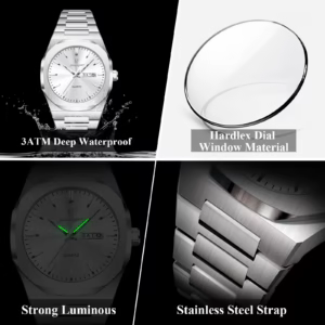 POEDAGAR 825 Quartz Analog Watch gallery showing luminous hands and stainless steel strap.