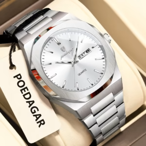 Silver stainless steel POEDAGAR 825 Quartz Analog Watch with day and date display.