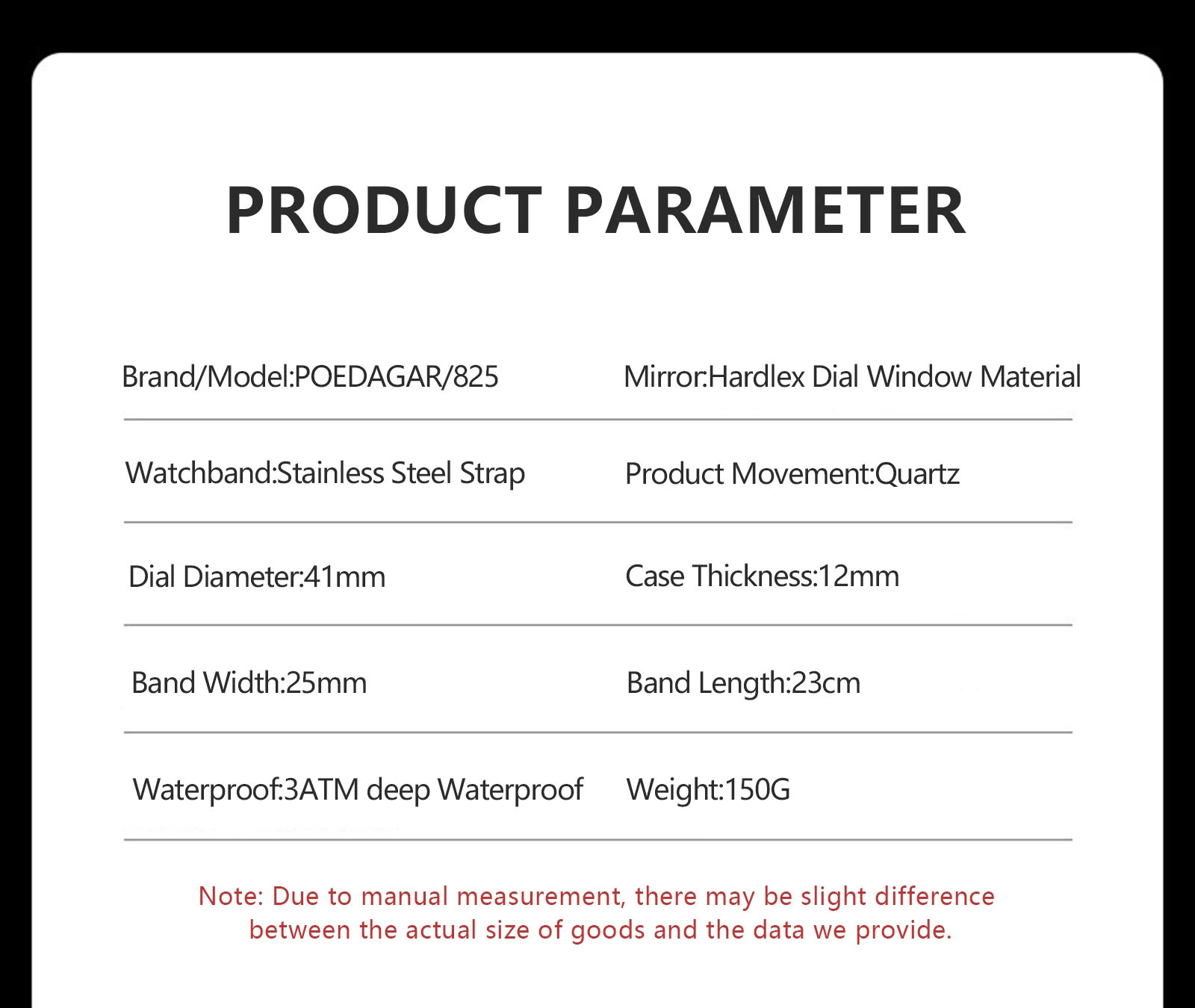 POEDAGAR 825 Quartz Analog Watch information.